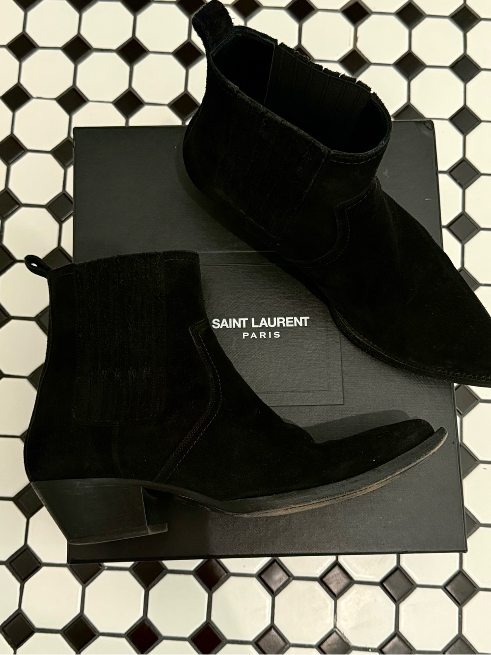 Saint Laurent Lukas Distressed Black Suede Chelsea Ankle Booties